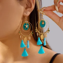 Ocean Asymmetric Starfish Shell Dangle Earring For Women Vintage Ethnic Leaf Feather Blue Tassel Big Hoop Earring Party Jewelry