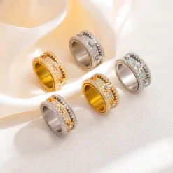 New Spinner Zircon Rings For Men Women Full Rhinestone Stainless Steel Rotatable Finger Ring Anxiety Relief Stress Jewelry Gifts