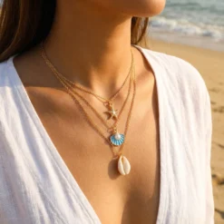 Boho Starfish Shell Conch Pearl Pendant Necklace for Women Trendy Gold Color Layered Chain Necklaces Summer Beach Party Jewelry