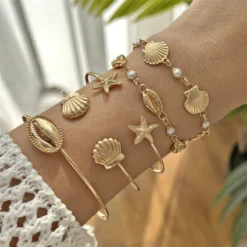 5Pcs Bohemian Starfish Shell Open Bangle Bracelet Set for Women Metal Conch Scallop Stackable Bangles Girl Beach Party Jewelry