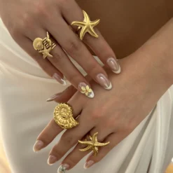 Stainless Steel Vintage Gold Color Starfish Shell Ring For Women Metal Texture Sea Star Conch Knuckle Rings Beach Party Jewelry
