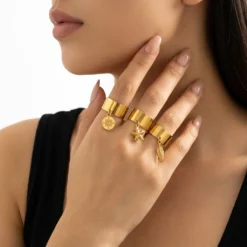 Stainless Steel Gold Color Starfish Pendant Rings For Women Sun Feather Waterproof Smooth Round Finger Ring Beach Party Jewelry