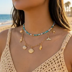 Boho Shell Starfish Scallops Pendant Necklace For Women Ocean Series Seahorse Dolphin Rice Beads Choker Beach Vacation Jewelry