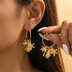 Vintage Starfish Shell Pendant Earrings for Women Gold Color Ocean Series Conch Coconut Tree Earrings Summer Beach Party Jewelry