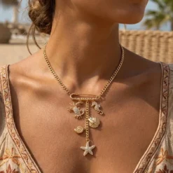 Boho Ocean Charm Necklace For Women Crystal Zircon Starfish Crab Seahorse Pendant Cuban Chain Safety Pin Necklaces Beach Jewelry