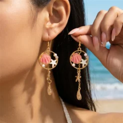 Boho Ocean Style Shell Starfish Drop Earrings For Women Retro Zircon Seashell Star Conch Dangle Earring Girl Beach Party Jewelry
