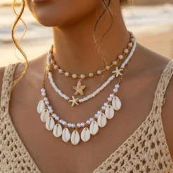 Bohemian Multilayer Starfish Shell Pendant Necklace for Women Handmade Imitation Pearl Beaded Choker Beach Party Charm Jewelry