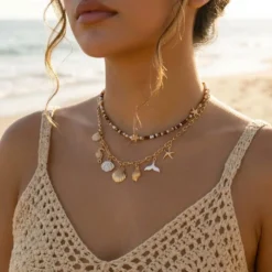 Vintage Shell Starfish Fishtail Clavicle Chain Necklace For Women Bohemian Rice Beads Choker Summer Beach Vacation Charm Jewelry