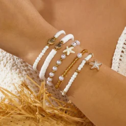3/8 Pcs Bohemian Shell Starfish Bead Bracelet Set for Women Summer Beach Multilayer Stacked Pearl Bracelets Party Charm Jewelry