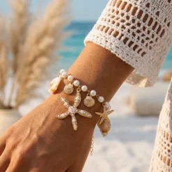 Ocean Style Imitation Pearl Starfish Shell Pendant Bracelet for Women Boho Conch Metal Chain Bangles Summer Beach Party Jewelry
