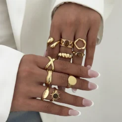 10Pcs/Set Vintage Irregular Textured Ring Set For Women Gold Plated Tiger Eye Sun Cross Geometric Knuckle Join Rings Jewelry