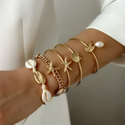 5Pcs Luxury Gold Color Starfish Shell Open Bangle Bracelet Set for Women Boho Summer Stackable Bangles Girls Beach Party Jewelry