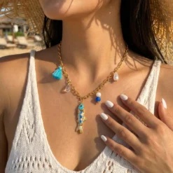 Stainless Steel Beach Style Colorful Fish Choker Necklace For Women Ocean Series Fish Beaded Tassel Necklaces Vacation Jewelry