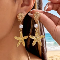 Ocean Series Starfish Scallops Dangle Earrings for Women Bohemia Imitation Pearl Shell Drop Earring Summer Beach Party Jewelry