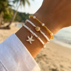 3 Pcs Bohemian Shell Starfish Bead Bracelet Set for Women Fashion Summer Beach Multilayer Stacked Pearl Bracelets Party Jewelry