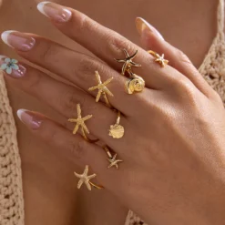 Ocean Starfish Shell Open Rings Set For Women Gold Color Conch Vintage Adjustable Finger Ring Summer Beach Aesthetic Jewelry