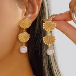 Vintage Gold Plated Metal Texture Shell Drop Earrings for Women Boho Elegant Imitation Pearl Conch Coral Earring Party Jewelry